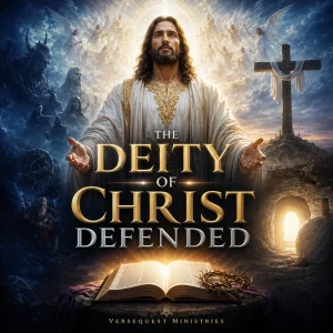 The Deity of Christ Defended book cover showing Jesus Christ in glory with cross, open Bible, and resurrection imagery for a KJV deity study.