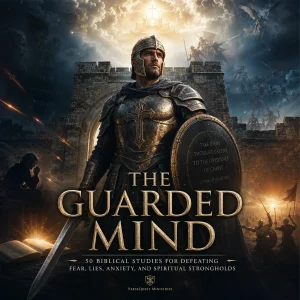 The Guarded Mind book cover featuring an armored Christian watchman for a 351-page KJV study on fear, anxiety, lies, and spiritual strongholds.