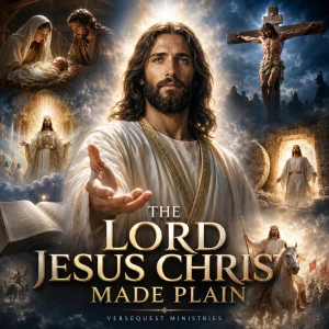 The Lord Jesus Christ Made Plain book poster featuring Jesus Christ with scenes of the manger, cross, empty tomb, heavenly ministry, and coming reign.