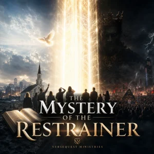 The Mystery of the Restrainer Bible prophecy book cover showing a radiant heavenly barrier separating the Church from the shadowed man of sin.