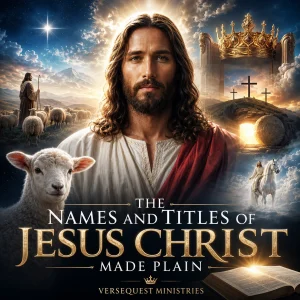 The Names and Titles of Jesus Christ Made Plain poster showing Jesus Christ as Saviour, Shepherd, King, Judge, and Lord of glory.