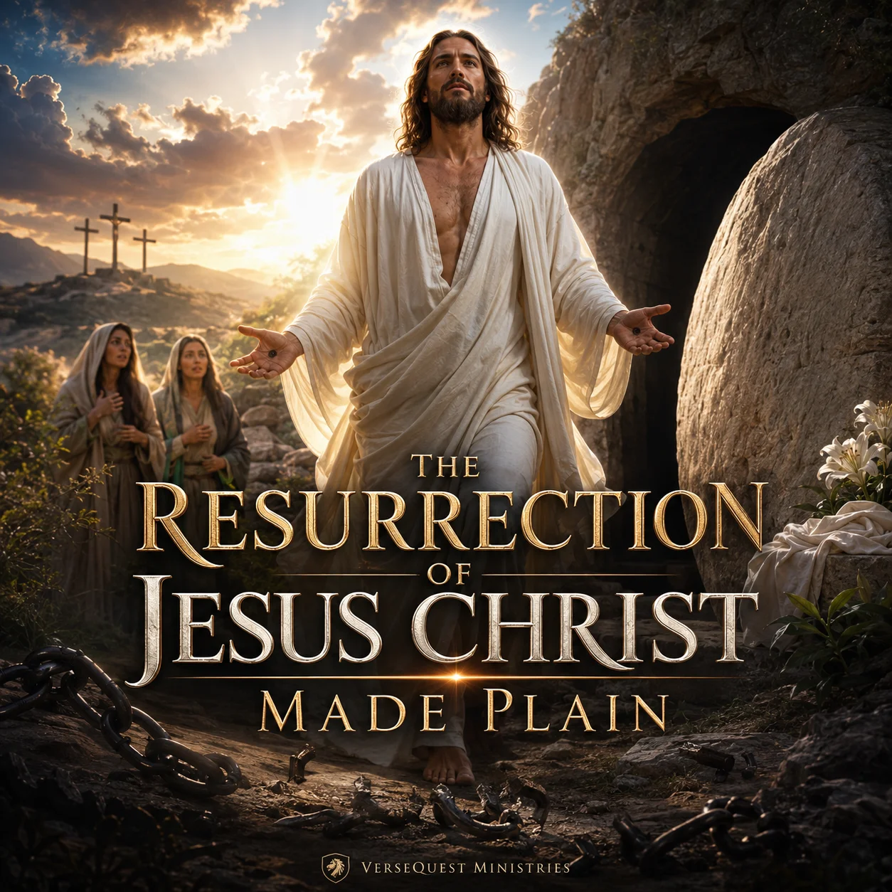 The Resurrection of Jesus Christ Made Plain 501-page KJV Bible study PDF cover showing the risen Christ at the empty tomb with resurrection victory.