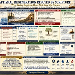 Water baptism does not save Bible chart covering grace, faith, Christ’s finished work, Acts 2:38, Mark 16:16, John 3:5, and Spirit baptism.