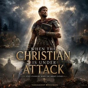 Christian soldier holding a Bible on the cover of When the Christian Is Under Attack, a 393-page KJV study from VerseQuest Ministries.