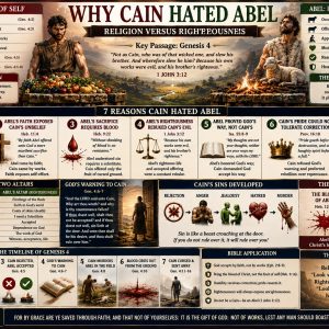 Why Cain Hated Abel Bible study chart comparing Cain’s works-based religion with Abel’s righteousness by faith, blood sacrifice, and acceptance by God.