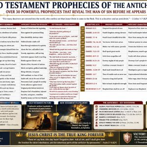 Antichrist prophecy Bible chart showing Daniel’s beasts, the little horn, false peace, global power, the abomination of desolation, and Jesus Christ’s return.