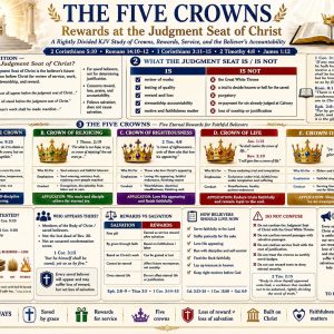 Judgment Seat of Christ Bible chart showing gold, silver, precious stones, wood, hay, stubble, five crowns, and salvation versus reward.