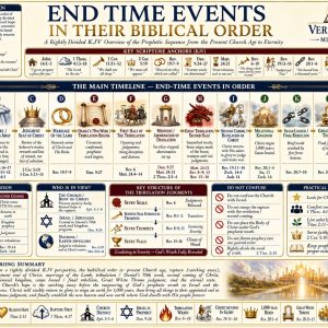 Biblical prophecy timeline showing the Rapture before wrath, Israel’s seventieth week, Antichrist, Christ’s return, Kingdom, and New Jerusalem.