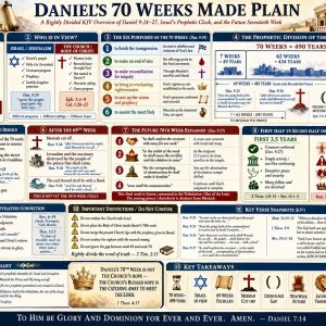 Daniel 9 prophecy chart showing sixty-nine weeks fulfilled, Messiah cut off, the mystery Church Age, and the future seven-year seventieth week.