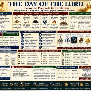 Day-of-the-Lord prophecy chart showing the Church caught away before wrath, Israel refined, nations judged, Christ returning, and His Kingdom established.
