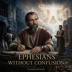 Ephesians Without Confusion KJV commentary cover showing Paul writing in chains beneath heavenly light with Roman armour nearby