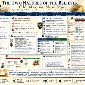 Old man versus new man Bible chart showing the works of the flesh, fruit of the Spirit, secure position in Christ, and growth through obedience.