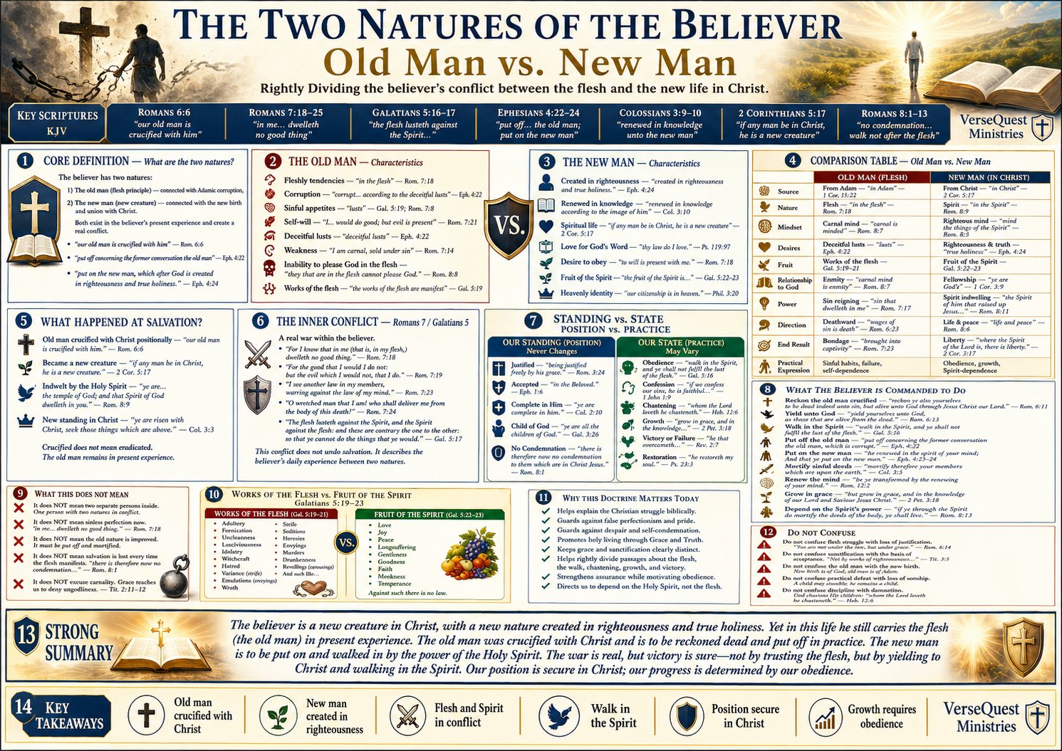 Old man versus new man Bible chart showing the works of the flesh, fruit of the Spirit, secure position in Christ, and growth through obedience.