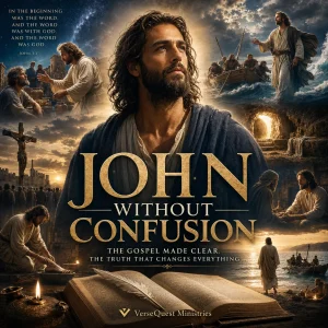 John Without Confusion cover featuring Jesus Christ and scenes from the Gospel of John, including miracles, crucifixion, resurrection, and the Sea of Galilee.
