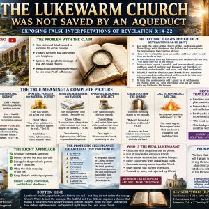 Revelation 3 Laodicean church chart showing lukewarmness, false riches, spiritual blindness, Christ outside, repentance, and eternal reward.