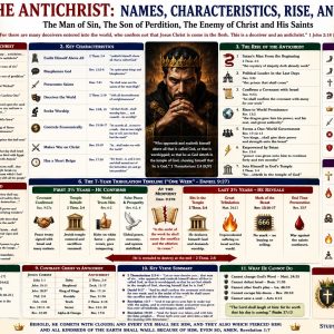 Man of sin and beast prophecy chart showing Antichrist’s covenant, Temple occupation, Great Tribulation, mark 666, persecution, and defeat.