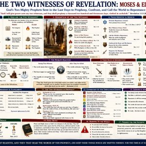 Revelation 11 two witnesses prophecy chart showing Jerusalem, shut heaven, waters to blood, beast attack, resurrection, and ascension to heaven.