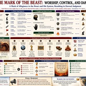 Mark of the beast KJV Bible study chart explaining Revelation 13, worship, 666, economic control, Tribulation persecution, and eternal judgment.