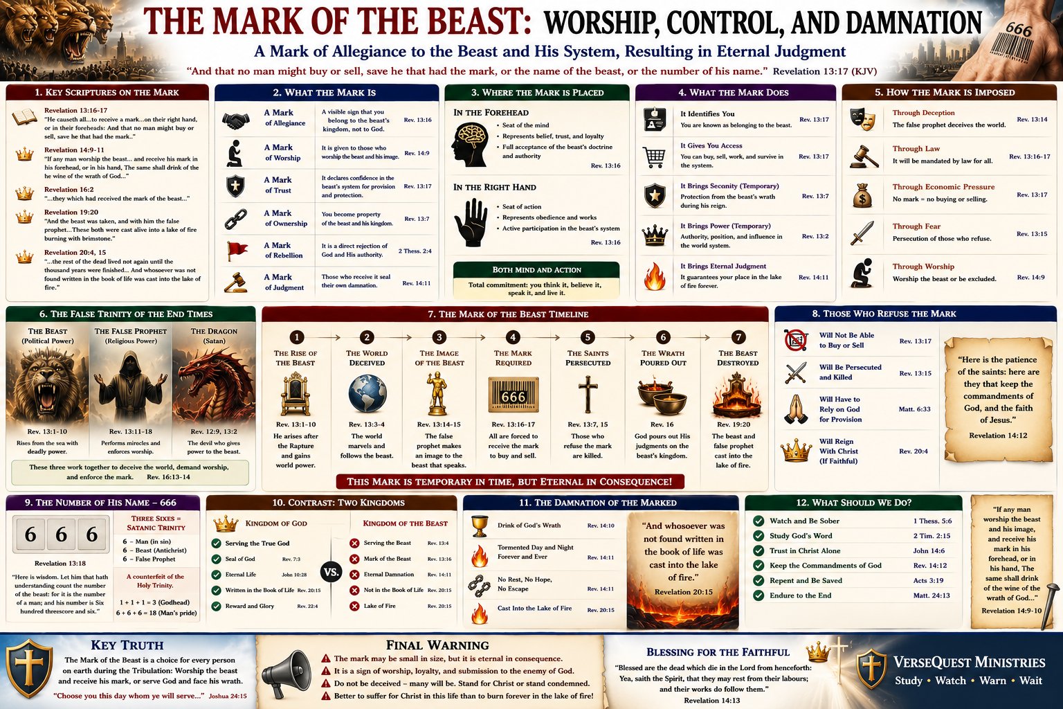 The Mark of the Beast – Worship, Control, 666, Tribulation Allegiance, and Eternal Damnation (KJV Bible Study Chart)