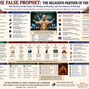 Revelation 13 second beast prophecy chart showing the False Prophet, beast worship, image, mark 666, one-world religion, and final judgment.