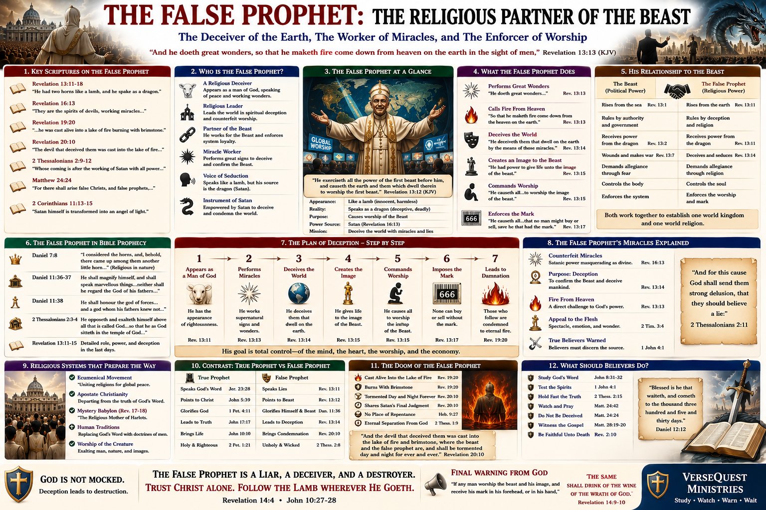The False Prophet – The Religious Partner of the Beast, Worker of Miracles, Enforcer of Worship, and Deceiver of the Earth (KJV Bible Study Chart)