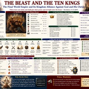 Revelation 17 ten kings prophecy chart showing ten rulers giving power to the beast, opposing Christ, destroying Babylon, and losing their kingdom.