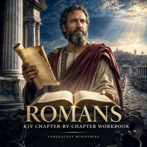 Romans KJV Chapter-by-Chapter Workbook cover with Apostle Paul, an open Bible, ancient Rome, and broken chains.