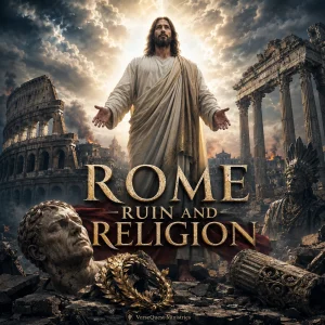 Rome Ruin And Religion PDF book cover showing Jesus Christ standing above ruined Rome, broken Caesar imagery, fallen idols, and shattered columns.