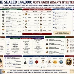 Revelation 7 twelve tribes prophecy chart showing 144,000 sealed Jewish servants, Tribulation protection, Israel’s remnant, and Christ the Lamb.