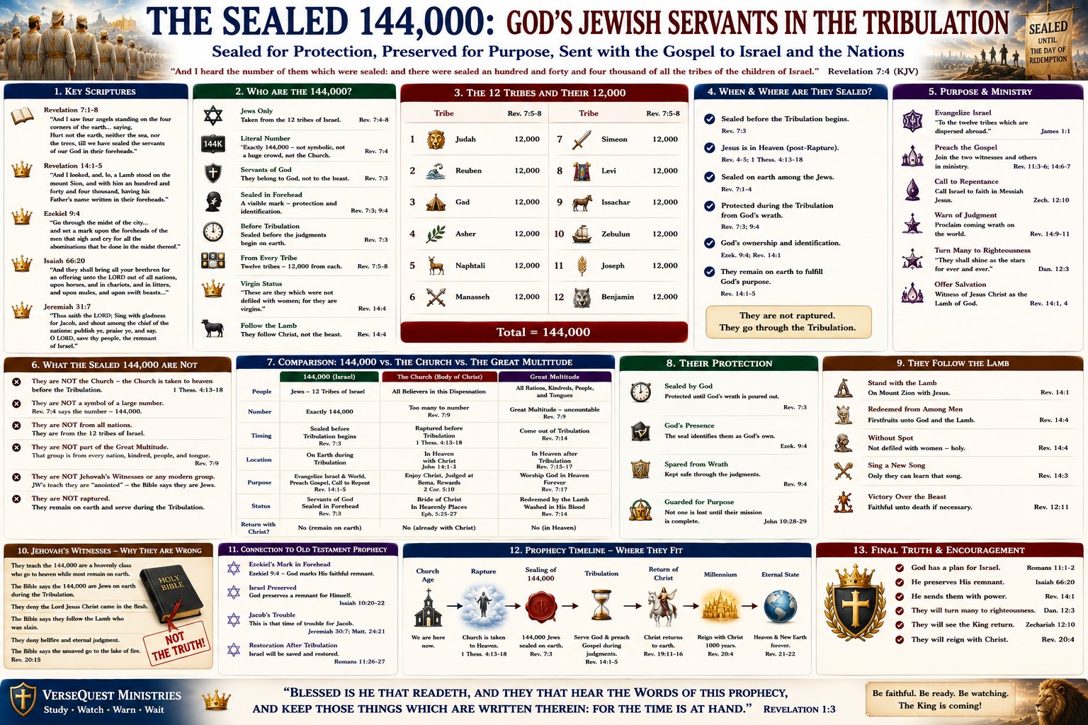 The Sealed 144,000 – God’s Jewish Servants from the Twelve Tribes of Israel in the Tribulation (KJV Bible Study Chart)