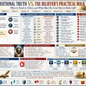 Standing versus state Bible chart showing justification, acceptance, completeness, no condemnation, confession, sanctification, fruit, and Christian service.