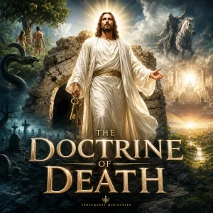 The Doctrine of Death KJV Bible study poster showing Christ risen victorious over death, the grave, judgment, and the final promise of no more death.