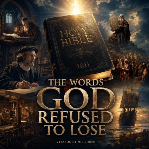 The Words God Refused to Lose KJV Bible preservation book featuring an open Bible, biblical history, translators, and manuscript imagery.