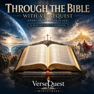 Through the Bible with VerseQuest 66-book KJV curriculum cover featuring an open Bible beneath the biblical firmament