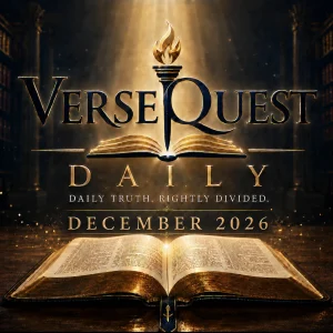 VerseQuest Daily December 2026 cover with a glowing open King James Bible beneath the gold-and-navy VerseQuest torch and sword emblem.