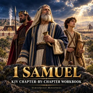 1 Samuel KJV workbook cover featuring Samuel, Saul, David, the ark, Shiloh, and the Valley of Elah.