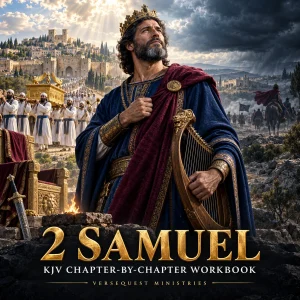 2 Samuel KJV workbook cover with King David, Jerusalem, the ark, his throne, and Absalom’s rebellion.