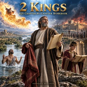 2 Kings KJV workbook cover with Elisha, Elijah’s fiery chariot, Naaman, Josiah, and Jerusalem.