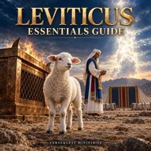Leviticus Essentials Guide cover with sacrificial lamb, bronze altar, high priest, Tabernacle, and pillar of cloud.