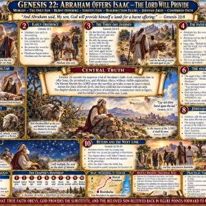 Abraham and Isaac Genesis 22 chart featuring the beloved son, God will provide himself a lamb, ram substitute, Moriah, and resurrection in figure.
