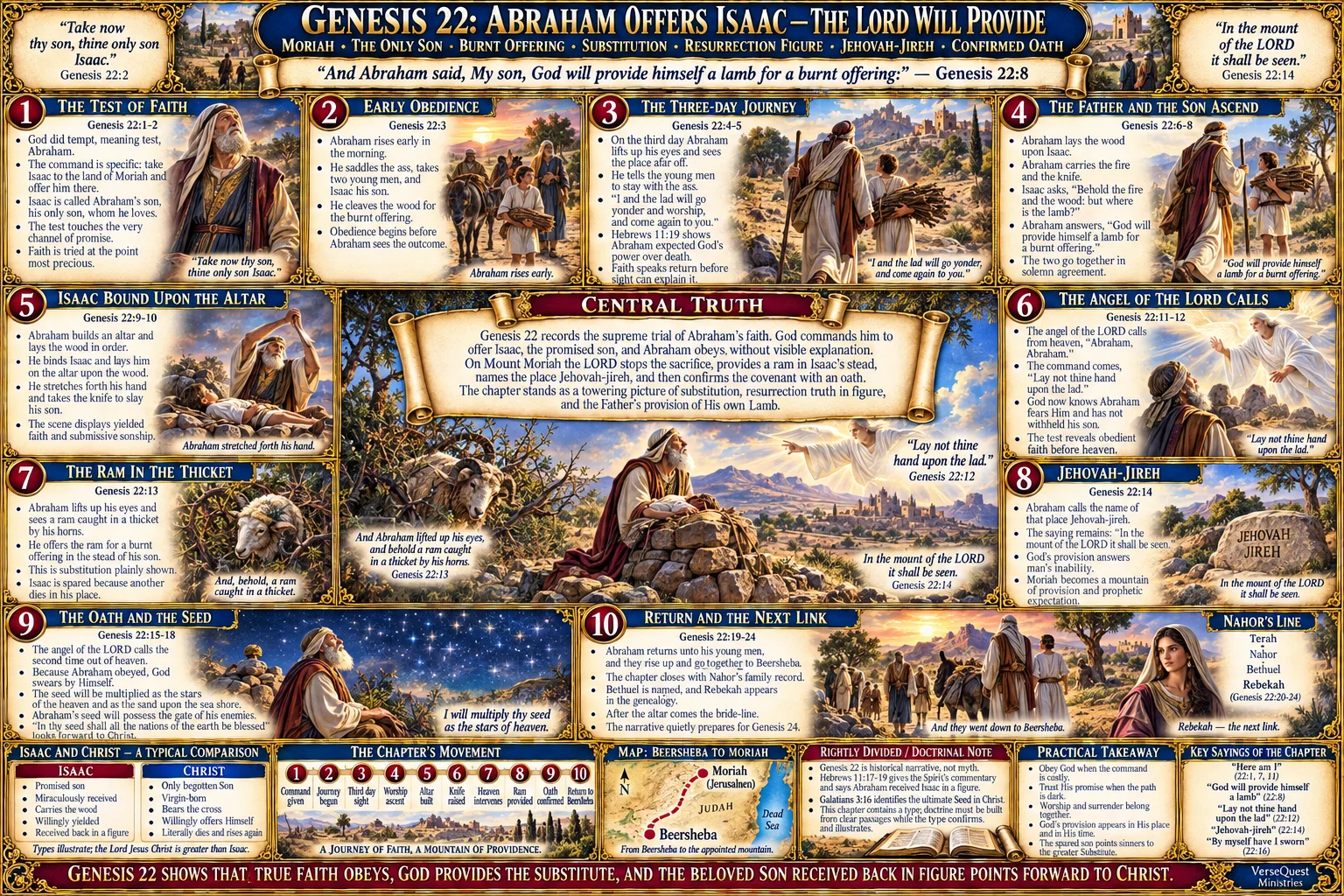 Genesis 22 – Abraham Offers Isaac: The Only Son, Mount Moriah, the Ram in the Thicket, Jehovahjireh, and the Confirmed Oath (KJV Bible Study Chart)
