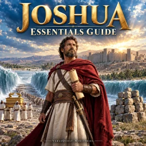 Joshua Essentials Guide cover with Joshua, the divided Jordan, Ark of the Covenant, memorial stones, and Jericho.