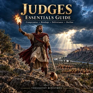 Judges Essentials Guide cover showing an Israelite judge holding a torch and sword beneath storm clouds and heavenly light.