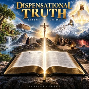 Dispensational Truth Essentials Guide with an open KJV Bible and biblical ages surrounding the cross.
