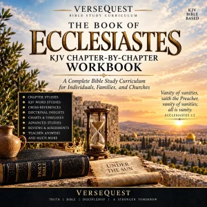 Ecclesiastes KJV Chapter-by-Chapter Workbook with Bible, hourglass, scroll, ancient city, and sunset.