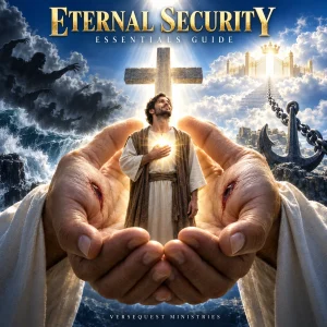 Eternal Security Essentials Guide showing a believer safely held in Christ’s nail-scarred hands beneath the cross