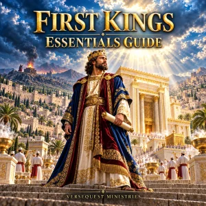 First Kings Essentials Guide with King Solomon, Jerusalem, the temple, and dramatic light in a cinematic biblical scene.