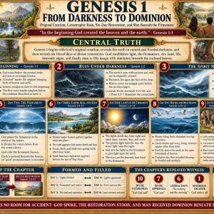 Genesis gap and restoration chart explaining Genesis 1:1–31, without form and void, six literal days, firmament, waters above, and creation kinds.