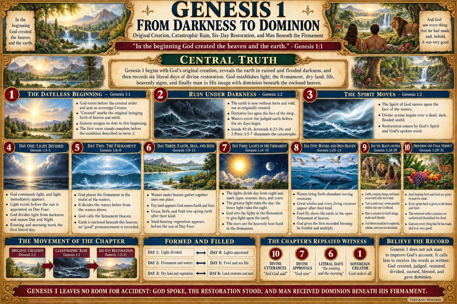 Genesis 1 – From Darkness to Dominion: Original Creation, Catastrophic Ruin, Six-Day Restoration, and Man Beneath the Firmament (KJV Bible Study Chart)