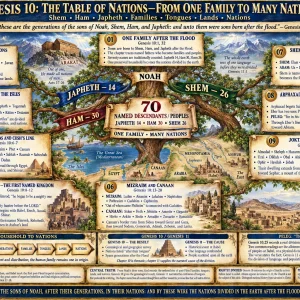 Shem Ham Japheth Genesis 10 chart showing descendants of Noah, Table of Nations, Babel, Shinar, Eber, Peleg, and Joktan.